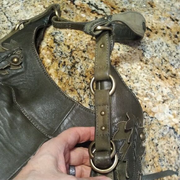 Cole Haan G Series Olive Green leaves applique hobo bag purse Shoulder Leather - Picture 5 of 12